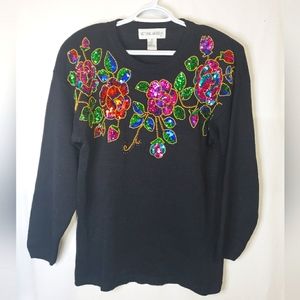 Vintage Victoria Harbour Black Bedazzled Tunic Floral Roses Sweater Women Size M